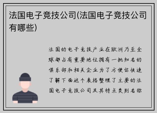 法国电子竞技公司(法国电子竞技公司有哪些)